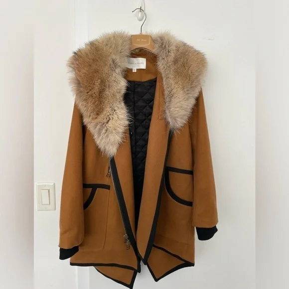 Veronica Beard Granite Wool-Cashmere Zip Parka with Fur Collar Camel
